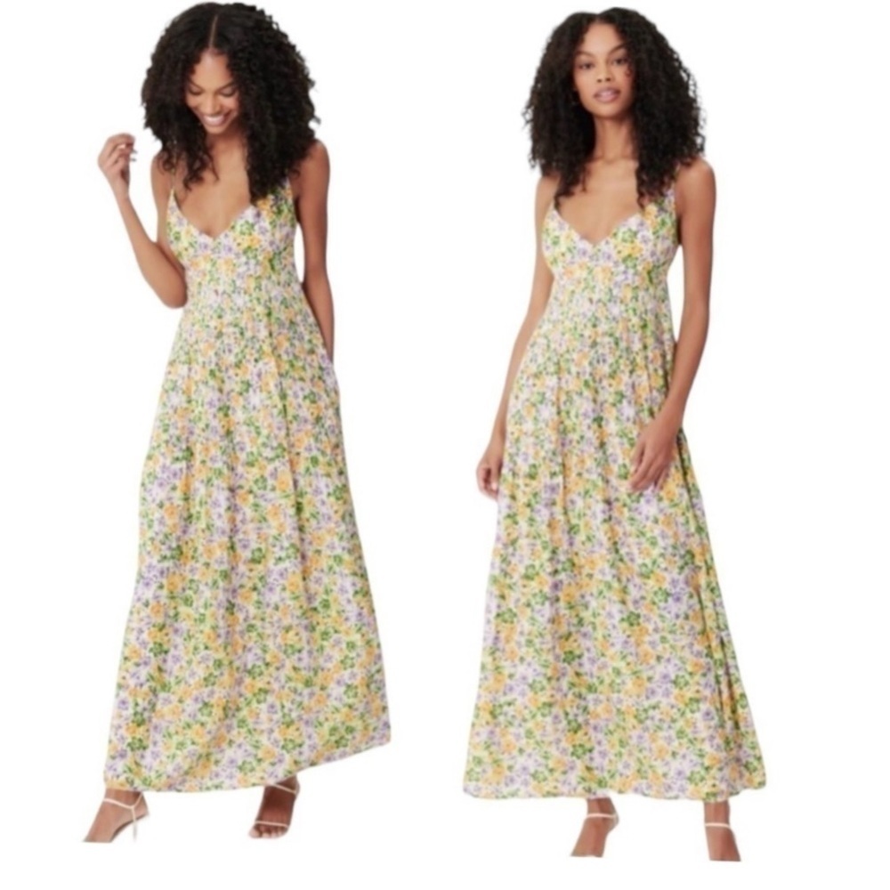 Nicholas Susan Pleated Floral Print A-Line Sleeveless Linen Maxi Cocktail Dress
